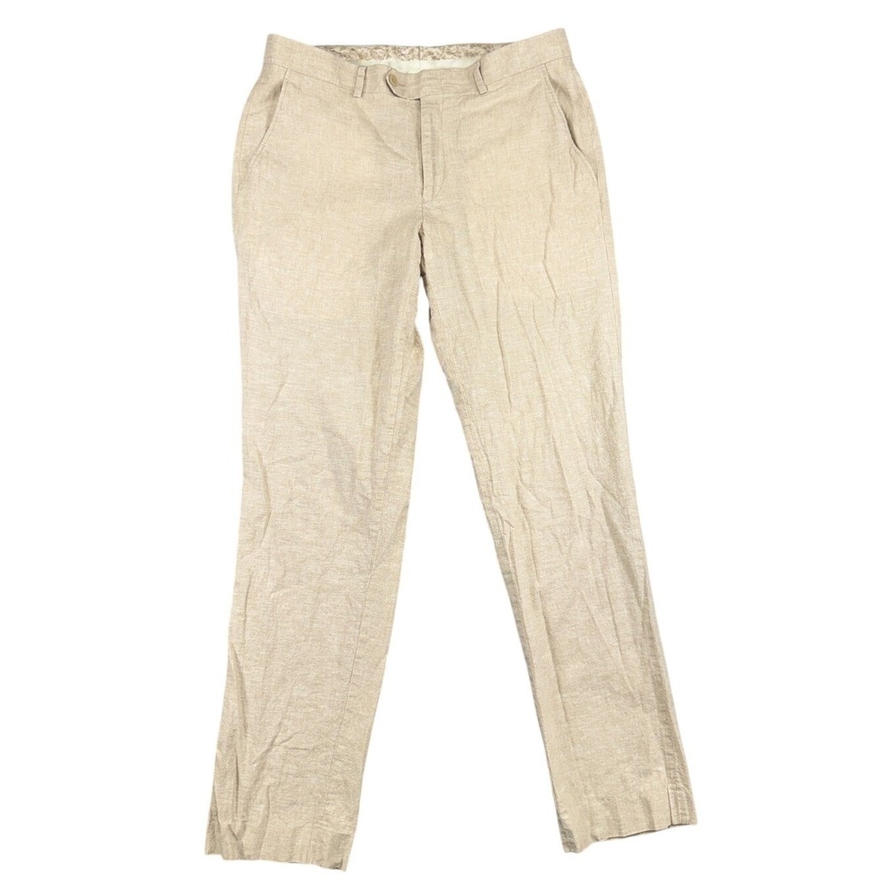 Bar III Mens Slim Fit Linen Cotton Blend Dress Pants Beige Tan 32W 32L Flat